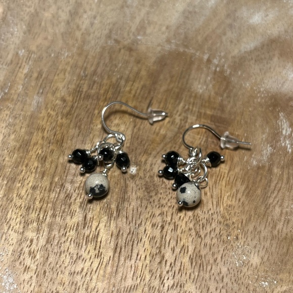 Dalmatian Jasper & Black Onyx 925 Sterling Silver Cluster Drop Dangle Earrings - Picture 3 of 8